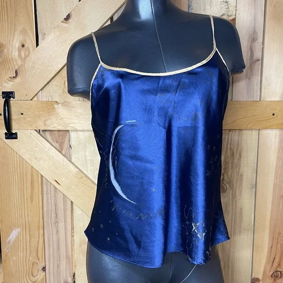 Vintage 1990s Micro Celestial Night Midnight Blue Camisole Moon Stars Silky - Picture 5 of 9
